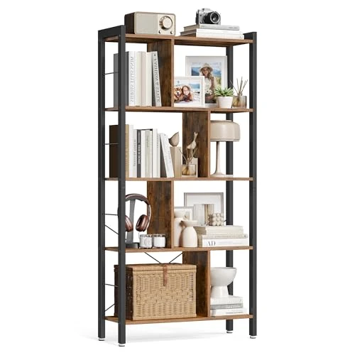 VASAGLE Librería, Estantería de Almacenamiento de 5 Niveles, Organizador de Oficina de Estudio, con Compartimentos, para Salón, Estilo Industrial, Marrón Rústico y Negro Tinta LBC12BX