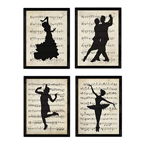 Offerta a tempo: Nacnic set 4 Stampe artistiche sfondo VINTAGE con pentagramma musicale. Raffigurazione in primo piano di bellerine, ballerini. Tema: danza e ballo. Spartiti e musica - 0% da 7.68 € a 7.68 €