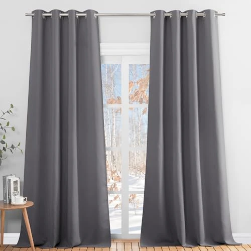 PONY DANCE Cortinas Salon Modernas 2 Piezas Cortinas Termicas Aislantes Frio y Calor 140x260 CM Cortinas Grises con Ojales Cortinas Opacas Dormitorio Cortinas para Habitacion Matrimonio