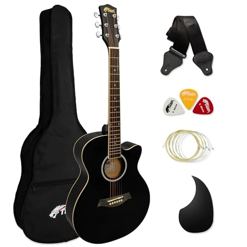 Offerta a tempo: TIGER Chitarra acustica 3/4 con corpo piccolo con corde in acciaio per bambini dai 9 anni in su con borsa, tracolla, corde di ricambio e plettri - Nero - 26% da 110.99 € a 82.24 €
