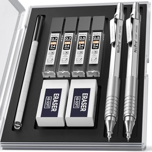 Offerta a tempo: Nicpro 2 Pezzi 0,5 & 0,7mm Metallo Matite Meccaniche Set con Astuccio, Art Matite Portamine con 4 Tubi HB Mine, 2 Gomma, 9 Ricariche Di Gomma, Astuccio Per Artista Disegno Scrittura, Schizzi - 26% da 18.99 € a 13.99 €