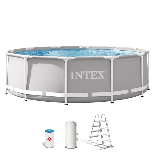 Intex 26716NP – Piscina Fuori Terra Prisma Frame Rotonda, Pompa Filtro 2006 L/h, Scaletta, 8592 L, Acciaio e PVC, Grigio, 366x99 cm