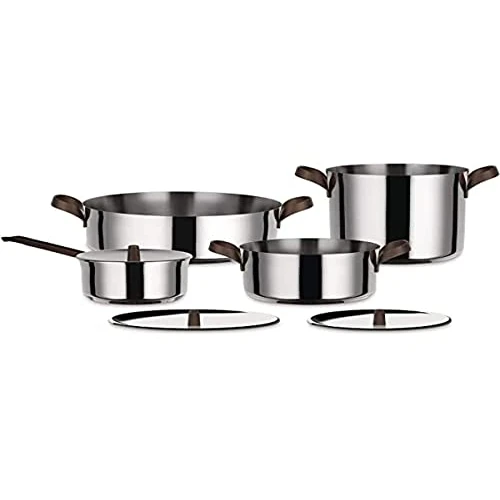 Alessi Edo PU100S7 - Set De Casseroles en Acier Inoxydable 18/10, Poigneés en Acier Inoxydable 18/10 Avec Revêtement en PVD, Marron, 7 Pièces