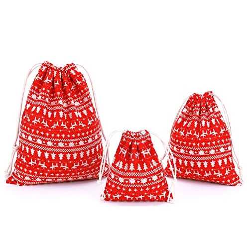 Amoyie Klein Weihnachtstasche 3-teilig, Geschenksäckchen mit Kordel, Deko Beutel für Festival - Rotwild