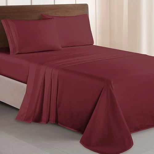 Offerta a tempo: Elegant Comfort Lussuoso set di lenzuola 1500 in microfibra di qualità alberghiera, tre linee, ricamate, morbide, 4 pezzi, resistente alle pieghe e allo sbiadimento, per letto matrimoniale, bordeaux - 0.00% da 44.93 € a 44.93 €
