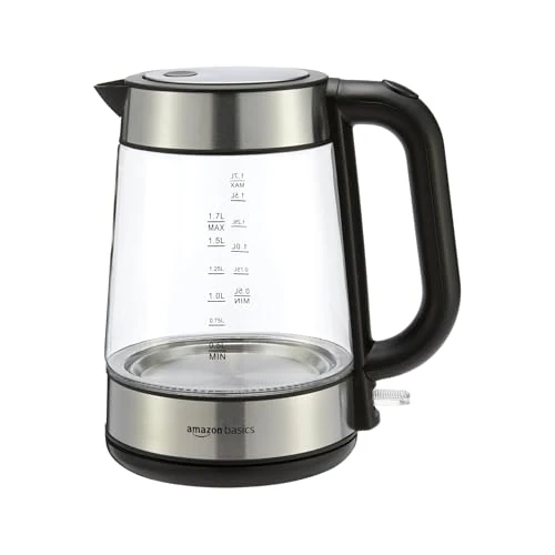 Offerta a tempo: Amazon Basics Bollitore elettrico in vetro, 1.7 l, 2200W, Nero, Argento - 30% da 31.92 € a 22.23 €