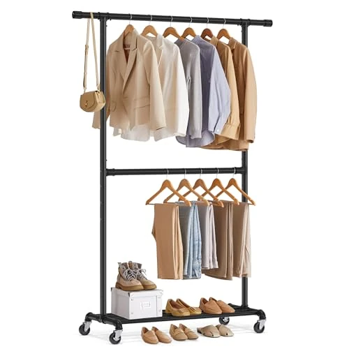 Offerta a tempo: SONGMICS Stand Appendiabiti, Appendiabiti Doppio con Ruote, Barra Centrale Regolabile in Altezza, Attaccapanni con Ripiano, Massima Portata di 110 kg, Nero Classico HSR62BK - 20% da 43.99 € a 34.99 €