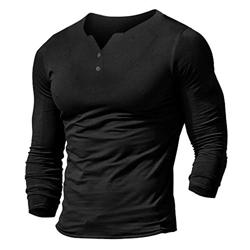Limited-time offer: Mens Long Sleeve Henleys T-Shirts Buttons v Neck Cotton Shirts Black M from 16.99 £ to 16.99 £ (save 0.00%)