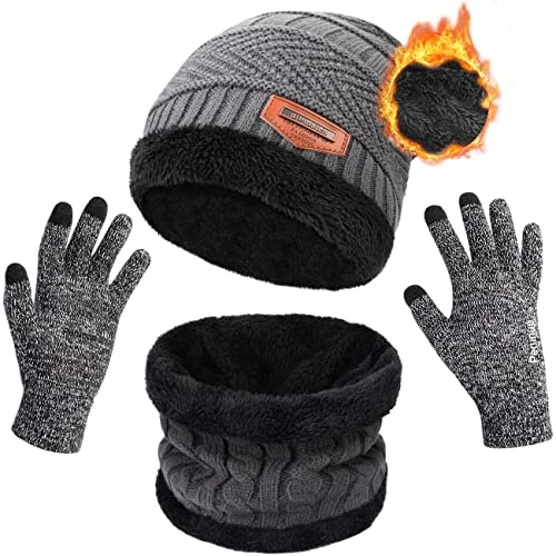Petrunup Gebreide Muts Sjaal Handschoenen voor Heren Dames Winter Fleece Muts + Nekwarmer + Touchscreen Handschoenen Grijs