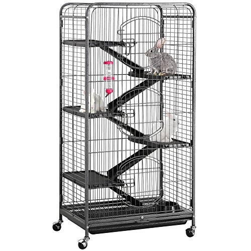 Offerta a tempo: Yaheetech Gabbia per Coniglio Nano da Interno Esterno a 5 Ripiani Animali Domestici Grande in Metallo con 4 Rotelle Orientabili 64 x 43 x 131 cm Nera - 24% da 89.99 € a 67.99 €