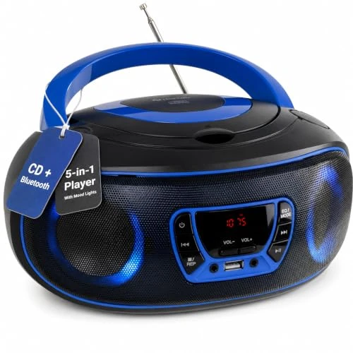 Oferta limitada: Denver Reproductor CD Portátil con Bluetooth, USB y Radio FM, Azul | Reproductor CD portátil: Bluetooth, FM, USB-MP3, AUX, auriculares, LED, 2 × 2 W RMS y corriente o pilas de 54.95 € a 49.95 € (ahorro 9%)