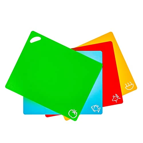Tijdelijke aanbieding: Axer flexibele kunststof snijplank set - 4 stuks keuken gekleurde snijmatten met voedsel pictogrammen - kleurgecodeerde BPA-vrij niet poreus vaatwasmachinebestendig van 9.99 € naar 9.99 € (0.00% korting)