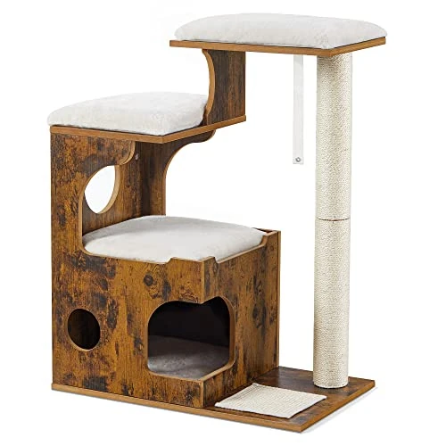 FEANDREA Arbre à Chat, Hauteur 86 cm, 3 Plate-Formes et 1 Niche, Panneau MDF, Poteau en Sisal, Tissu Peluche Lavable, Style Vintage, Marron Rustique et Blanc PCT70HW