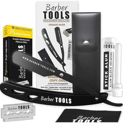 Oferta limitada: Afeitadora de barba para hombre/navaja de afeitar para barba - con piedra de alumbre, paño de pulido, estuche de almacenamiento, 5 hojas dobles - (navaja de barbero) - NEGRO - BARBER TOOLS de 9.99 € a 9.99 € (ahorro 0.00%)