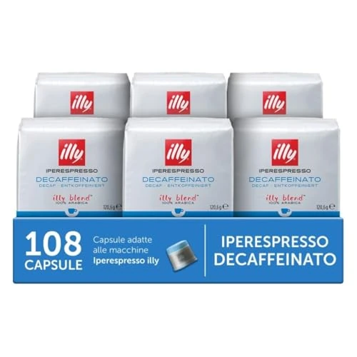 illy, Iperespresso Kapseln ENTKOFFEINIERT, 100 % Arabica mit Noten von Karamell, Schokolade und Geröstetem Brot, Koffeinfrei, Harmonischer Geschmack, 6 Packungen à 18 Kapseln (Insgesamt 108 Kapseln)