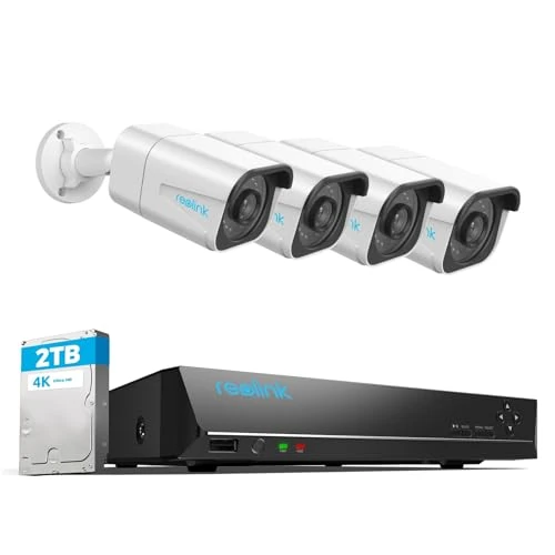 Reolink 4K PoE beveiligingscamera systeem H.265, 4x 8MP detectie van personen/voertuigen outdoor PoE CCTV IP camera’s met snoer en 8CH NVR, 2TB HDD voor 24/7 opnames nachtzicht audio RLK8-800B4