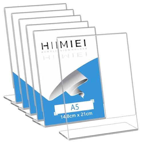 Oferta limitada: HIIMIEI A5 Soporte para Letreros de Acrílico, Soporte para Cartel, Soporte de Sobremesa Transparente, en Forma de L, Soporte para Menús, Mensajes, Expositores,Fotos etc (6 unidades) de 29.99 € a 29.99 € (ahorro 0.00%)