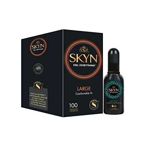SKYN Large Condooms (100 Pak) & Aqua Feel Smeermiddel (80ml) | Skynfeel Latexvrije, voor mannen, extra grote condooms, glijmiddel op waterbasis, massagegel, plezierglijmiddel voor koppels en speelgoed