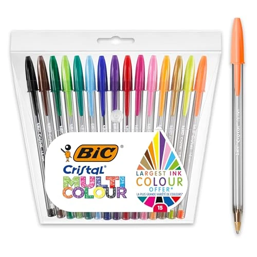 Limited-time offer: BIC Cristal Multicolour Ballpoint Pens With Wide Tip (1.6mm) Pens For Colourful Writing In Assorted Colours, Pack Of 15 from 11.61 GBP to 11.61 GBP (save 0%)