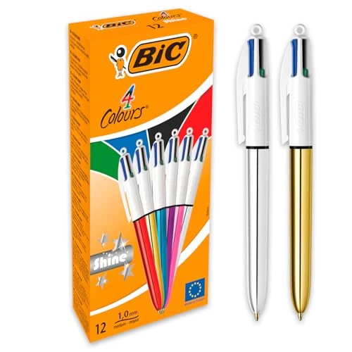 Offre limitée : BIC 4 Couleurs Shine Stylos-Bille Rétractables Pointe Moyenne (1,0 mm) - Corps Assortis Métallisés, Boîte de 12 de 23.22 € à 23.22 € (0.00% de remise)