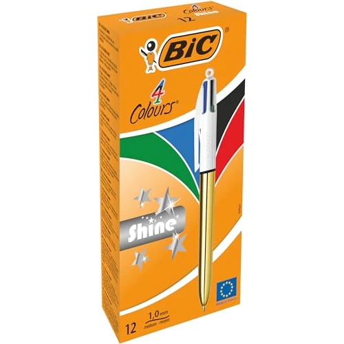 Offerta a tempo: BIC 4 Colours Shine Penne A Sfera Con Punta Media (1,0 mm) - Fusto Metallico color oro, Confezione Da 12 - 54% da 44.44 € a 20.37 €