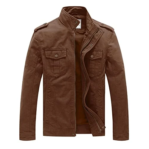 Limited-time offer: WenVen Men's Casual Cotton Jacket Outdoor Lightweight Leisure Jacket Classic Full-Zip Jacket Military Jacket Brown M from 48.55 GBP to 48.55 GBP (save 0%)