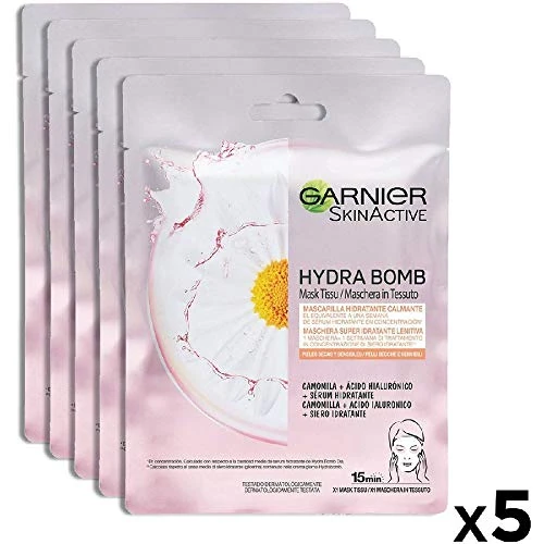 Garnier SkinActive, Hydra Bomb Mask, Hydra Gel para Piel Seca y Sensible, Camomila Pack de 5