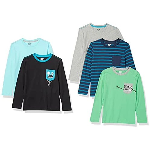 Amazon Essentials T-Shirt Maniche Lunghe Bambini e Ragazzi, Pacco da 5, Mostri/Multicolore/Righe, 6-7 anni