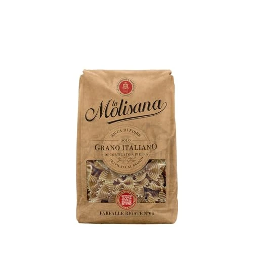 La Molisana, Farfalle Rigate - Pasta integral nº 66 de trigo italiano, dibujado en bronce, rica en fibra, áspera y tenaz, con excelente agarre de cocción, paquete de 500 g