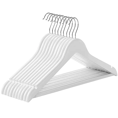 Limited-time offer: SONGMICS Wooden Hangers, Set of 10, Solid Wood Hangers, Notches in the Shoulder Area, Non-Slip Trouser Bar, 360° Rotating Hook, for Suits, Shirts, White/Silver CRW03W10 from 15.88 GBP to 13.99 GBP (save 12%)