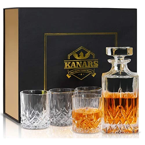 Offerta a tempo: KANARS 5 Pezzi Bicchieri e Bottiglie da Whisky, Decanter da Whiskey Cristallo, 750 ml Caraffa con 4x 300 ml Bicchiere per Bourbon, Scotch, Cognac, Martini, Bellissimo Regalo - 35% da 79.99 € a 51.99 €