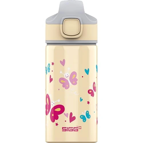 Sigg Miracle Butterfly Borraccia bambini (0.4 L), Bottiglia per bambini con coperchio ermetico, Borraccia salvagoccia trasportabile con una mano in alluminio