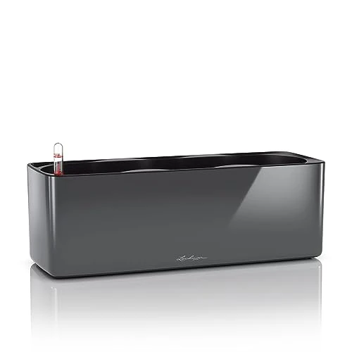 LECHUZA Self Watering Plant Pots Indoor CUBE Glossy Triple Plastic Planter without Drainage Hole H14 L40 W14 cm Charcoal High-Gloss