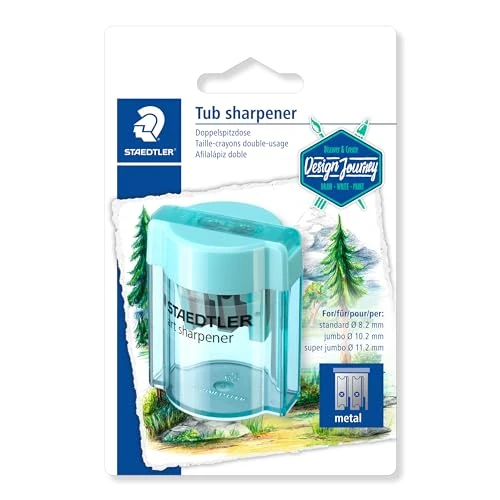STAEDTLER 513 001 CBK. Afilalápices doble de colores con depósito transparente. Blíster con 1 sacapuntas doble.