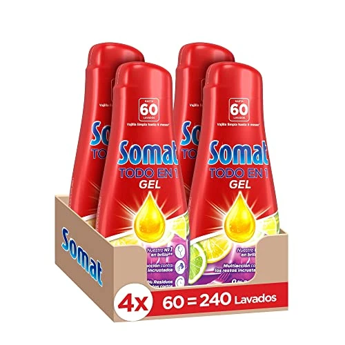 Offerta a tempo: Somat Tutto in 1 Gel Lavastoviglie Limone e Limone – Confezione da 4 – Totale: 240 lavaggi (4,32 l) - 12% da 20.08 € a 17.70 €