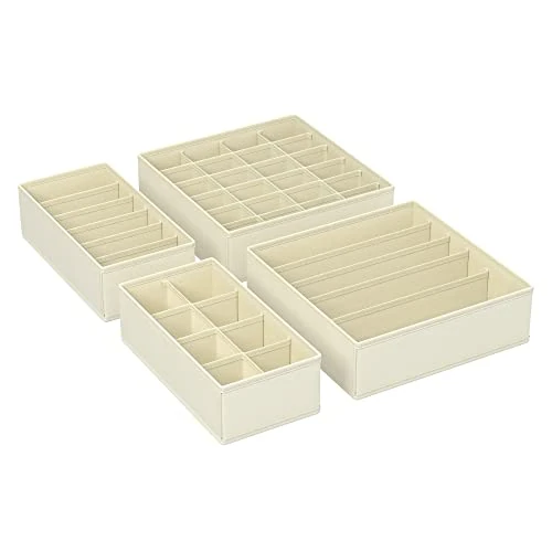 SONGMICS Unterwäsche-Organizer 4er Set, Schubladen-Organizer, faltbar, Ordnungssystem Kleiderschrank, Aufbewahrungsbox Schrank, Stoffboxen Aufbewahrung, für BHs, Socken, Krawatten, beige RUS04M