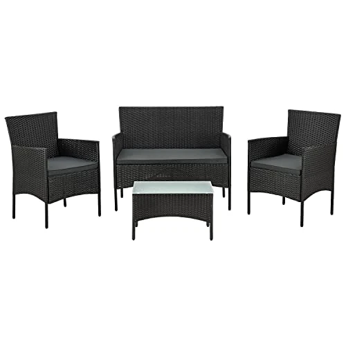 Offerta a tempo: Juskys Salottino in polyrattan Fort Myers 4 Persone con divano a 2 posti, 2 sedie, tavolo e cuscini per seduta resistente alle intemperie nero/grigio Mobili da balcone Set di mobili da giardino - 20% da 149.99 € a 119.99 €