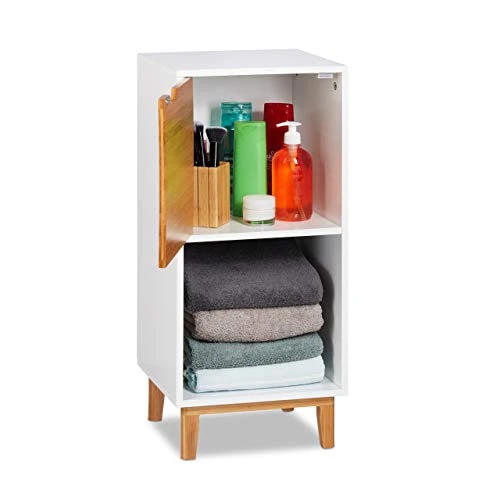 Offerta a tempo: Relaxdays Mobiletto con Anta, Mobile per Soggiorno, Armadietto in Stile Scandivano, MDF e Bambù, HLP 71x32x30 cm, Bianco - 29% da 39.99 € a 28.35 €