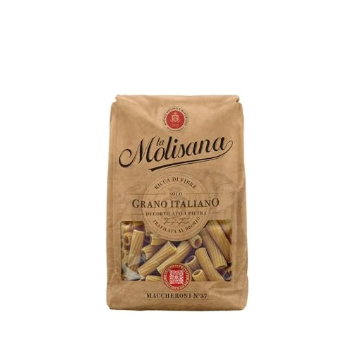 La Molisana, Macarrones Integrales Nº 37, pasta integral de solo trigo italiano – trefilada de bronce, rica en fibras, áspera y tenaz con excelente sujeción en la cocción – Paquete de 500 g