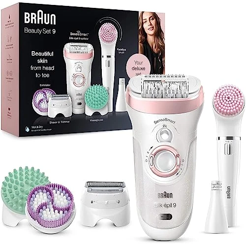 Braun Silk-épil 9-in-1 Hair Removal & Beauty Set, Waterproof, White/Pink, Includes Facial Epilator, Lady Shaver, Trimmer, Exfoliator, Cleansing Brush