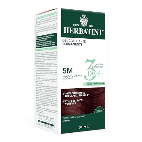 Offerta a tempo: Herbatint Gel Colorante Permanente 3Dosi, 300ml - 5M Castano Chiaro Mogano, Senza Ammoniaca, per Pelli Sensibili, 100% Copertura Capelli Bianchi, con 8 Estratti Naturali Bio - 32% da 18.90 € a 12.92 €