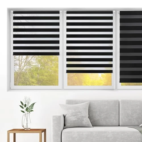 Blindecor - Indus "NO TOOLS REQUIRED". Double layered roller blind, Night and Day. Black. 72x180 cm (width x length)