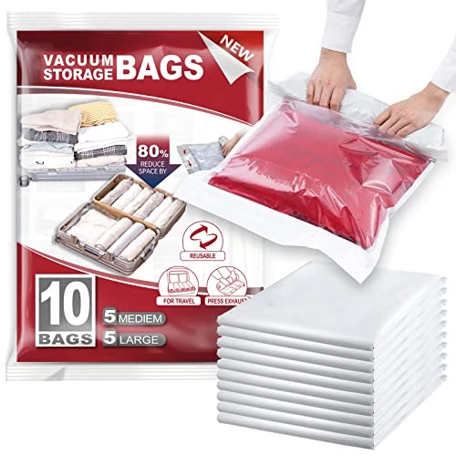 TAILI Zwijane worki próżniowe do przechowywania ubrań, podróżne, 10 opakowań, 5 średnich worków do przechowywania wielokrotnego użytku, oszczędzają 80% miejsca, nie potrzebujesz maszyny próżniowej lub