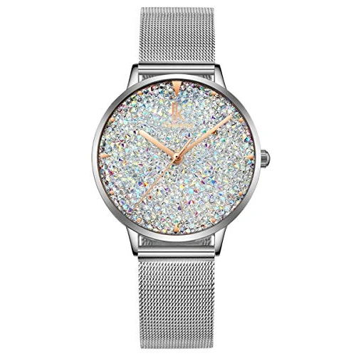Offerta a tempo: Alienwork Orologio Donna Argento Cinturino in Maglia Metallo Bianco Strass Brillanti Elegante - 15% da 29.99 € a 25.49 €