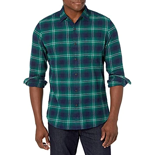 Limited-time offer: Amazon Essentials Men's Slim-Fit Long-Sleeved Button-Down Plaid Flannel Shirt, Green Navy Plaid, XS from 13.10 £ to 9.28 £ (save 29%)