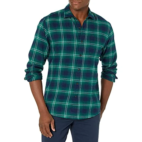 Amazon Essentials Men's Long-Sleeved Flannel Shirt, Green Navy Ombre Plaid, S