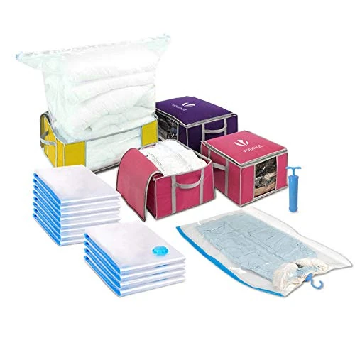 VOUNOT 17 Bolsas de Almacenaje al Vacío & 4 Bolsa de Almacenamiento con Cremallera y Asas & Bomba, para Guardar Ropa, Ropa de Cama, Edredones, Almohadas, Mantas