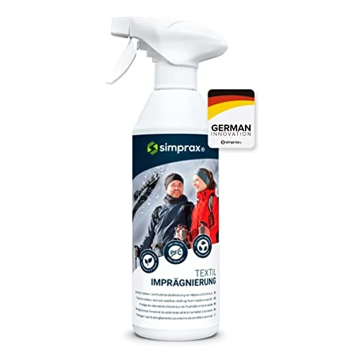Offerta a tempo: simprax® Spray Impermeabilizzante per Tessuti - Certificato Oeko-Tex - Protezione & Potente Detersivo per Goretex Softshell Sympatex & Abbigliamento Outdoor - Spray Idrorepellente per Tessuti 500 ml - 0.00% da 17.99 € a 17.99 €