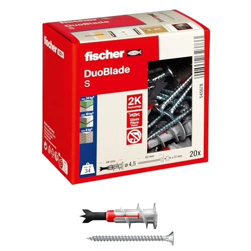 fischer DuoBlade S LD, self-drilling plasterboard plug with chipboard screw, strong plug for fast and easy installation in gypsum plasterboard and fibre board, with metal tip, 20 plugs + 20 screws