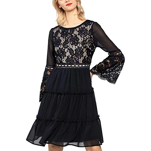 APART Fashion Women's Chiffon Dress with Lace Party, Blue (Midnightblue Midnightblue), 8 (Size: 34)